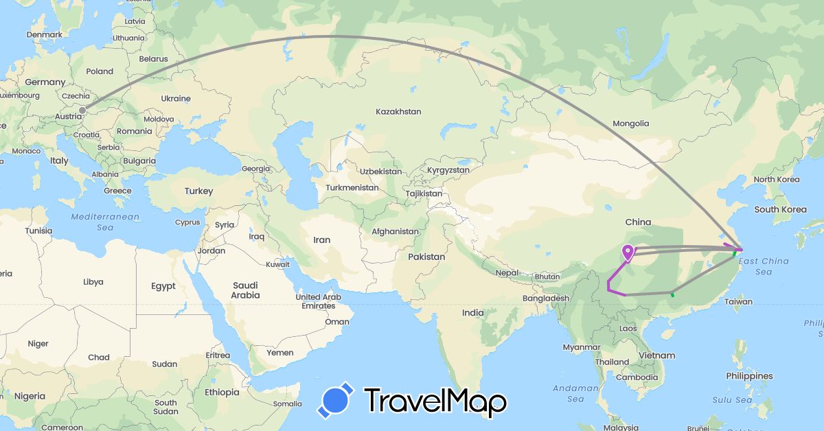 TravelMap itinerary: driving, bus, plane, train, boat in Austria, China (Asia, Europe)